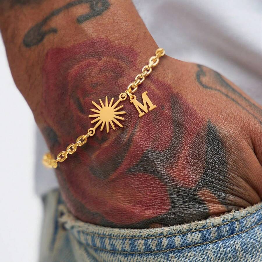 1pc Fashion Simple Golden Sun Initial Pendant Stainless Steel Chain Bracelet For Men - Yellow Gold - View 1