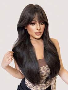 alicegarden 30-Inch Long Synthetic Wig Featuring A Natural Wavy Style In A A Stunning Black-Brown. Designed With Bangs , This False Hairpiece Is Perfect For Ms Daily Party Cosplay Use, Offering A Natural And Natural Durable Wig Gift For Ladies., Halloween - Black Brown - View 5