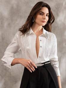 Blus Lengan Panjang Bordir Payet Bunga 3D ALIAO Warna Putih Musim Semi, Gaya Elegan Prancis untuk Hari Valentine, Pernikahan, Pesta - Putih - View 6
