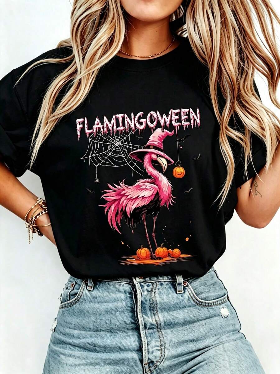 Flamingoween Witch Flamingo Pumpkin Spider Web Halloween Graphic Tee - Black - View 1