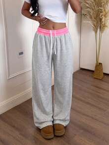 Women's Contrast Waistband With Internal Drawstring Design Elastic Pocket Single Piece Jogging Pants, Suitable For Outdoor Casual Gym Workout Running Sports Loose Straight Leg Pants, Fashionable Home Style Long Pants - Light Grey - View 5