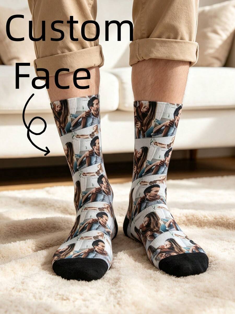 Custom Photo Printed Mid-Calf Socks, White Base With Black Toe Cap, Soft Elastic Knit Fabric, Personalized Photo Socks, Suitable For Family And Couples - Multicolor - View 1