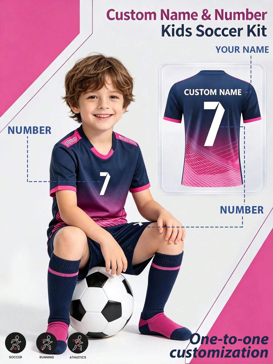 2pcs Boys Soccer Uniform Set, All-Over Print Hollow Design, Customizable Name & Number/Club Hot-Selling Jersey, Sports Player Style Short Sleeve & Shorts Set, Suitable For Boys & Girls, For Sports, Cycling, Outdoor Running, Soccer, Star-Style Team Uniform, Sublimation Print Team Wear - Navy Blue - View 1