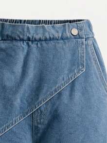 1pc Girls Spring/Autumn Denim Jeans, Asymmetrical Rolled Waistband Single Button Design Loose Wide Leg Denim Pants - Medium Wash - View 6