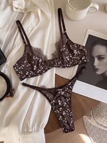 Women's Brown Satin Floral Lace Lingerie Set - Bra & Thong 2-Piece - Brown - View 3