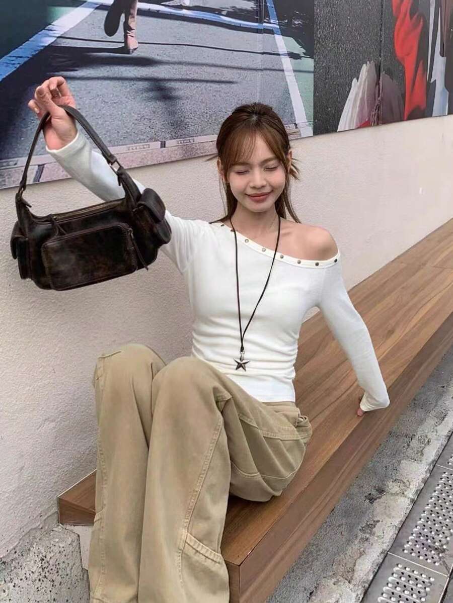 Y2K Autumn Korean Style Sexy Asymmetrical Shoulder Slim Fit Flattering Cold Shoulder Ruched Rivet Design Long Sleeve T-Shirt Women Top - White - View 1