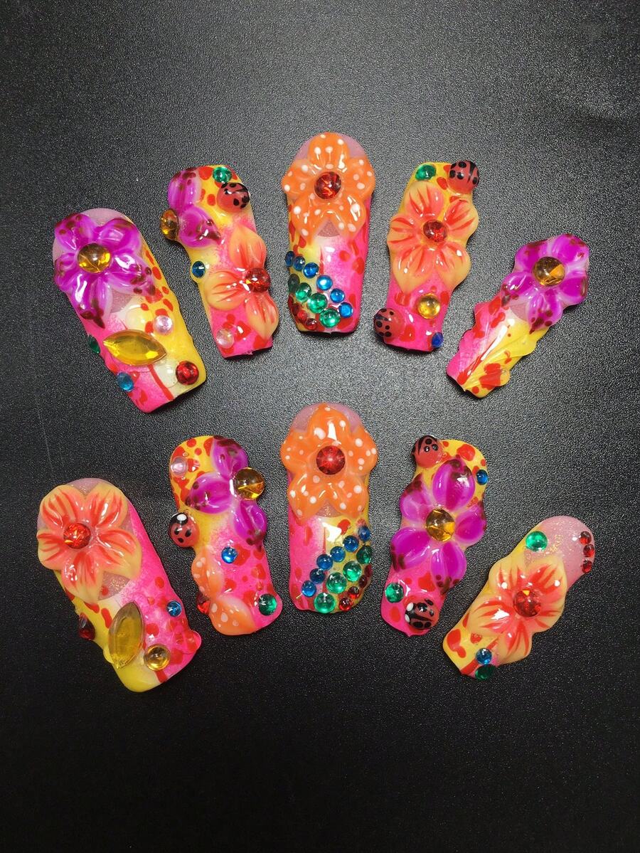 10 buah kuku tempel persegi buatan tangan ukuran 3,3 cm dengan hiasan kumbang, bunga, dan rhinestones, set stiker kuku, cocok untuk musim wisuda, liburan, dan pesta. Aksesoris kuku. Stiker kuku palsu dan perlengkapan manikur. - MultiWarna - View 1