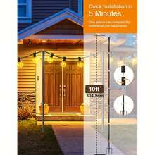 6 Pack String Light Poles – Height Adjustable Outdoor Light Poles, Sturdy Metal With Rust-Resistant Coating, Forked Base For Easy Ground Insertion, Garden Patio Backyard Lighting - Black - View 2