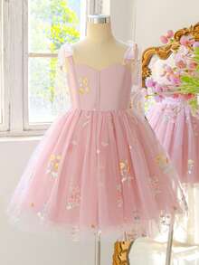 Tween Girls Spaghetti Strap Embroidered Floral Mesh Sweet Elegant Princess Dress, Flower Girl Dress Suitable For Party, Vacation, Outing, Evening Gala, Ball, Birthday Party, Fabric Floral Pattern Random Cut - Dusty Pink - View 4