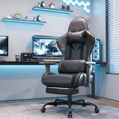 Devoko Silla de videojuegos de masaje Gunji para adultos con reposapiés, silla de escritorio de cuero sintético, respaldo ajustable, soporte alto, silla de oficina con reposacabezas y soporte lumbar.