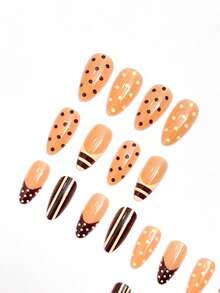 Autumn/Winter Nails, 24pcs/Set Almond Shape French Polka Dot Zebra Stripe Press-On Short Nails Wearable Set Suitable For Hot Girls, Office Women, Parties, Dates And Daily Wear And Party Use - Multicolor - View 4