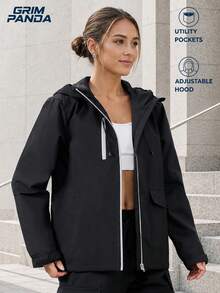 GRIM PANDA GRIMPANDA Women's Hooded Outdoor Jacket, Adjustable Drawstring Hood, Multi-Pocket Zipper Detail, Loose Fit Sports Black - Black - View 5