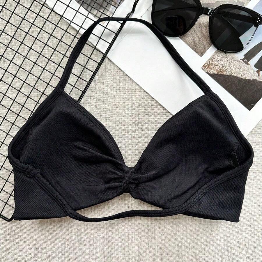 2 piezas Sujetador deportivo popular para mujer con tirantes finos, espalda descubierta y cuello halter, soporte ligero, top corto sin costuras, sujetador de yoga fruncido con almohadillasíbles - Negro - Ver 1