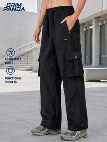 GRIM PANDA Women Fall Cargo Pants Adjustable Drawstring Waist Functional Pockets Adjustable Cuffs Wide Leg Casual Hiking Travel Outdoor Sports Black - Black - View 1
