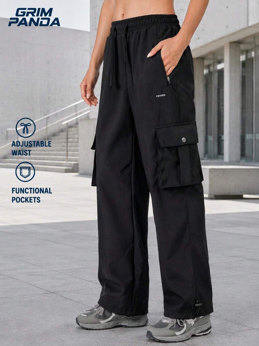 GRIM PANDA Women Fall Cargo Pants Adjustable Drawstring Waist Functional Pockets Adjustable Cuffs Wide Leg Casual Hiking Travel Outdoor Sports Black - Black - View 1