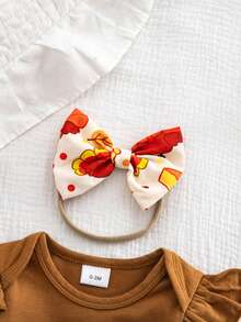 2pcs Baby Girl Turkey Pattern Long Sleeve Bodysuit With Tulle Skirt And Headband Set, Cute Holiday Outfit For Spring And Autumn - Khaki - View 3