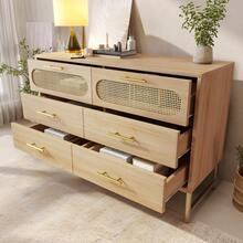 6-Drawer Rattan Sideboard, Dresser, Vanity For Living Room And Bedroom, Metal Handles, Anti-Tip Protection, 120 X 40 X 74, Sonoma Oak - Oak + Metal + Particle Board - View 1