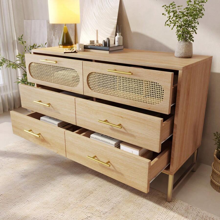6-Drawer Rattan Sideboard, Dresser, Vanity For Living Room And Bedroom, Metal Handles, Anti-Tip Protection, 120 X 40 X 74, Sonoma Oak - Oak + Metal + Particle Board - View 1
