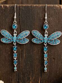2pcs Vintage Butterfly Long Earrings, Insect Dragonfly Earrings, Unique Animal Dragonfly Pendant Earrings For Women - Blue - View 1