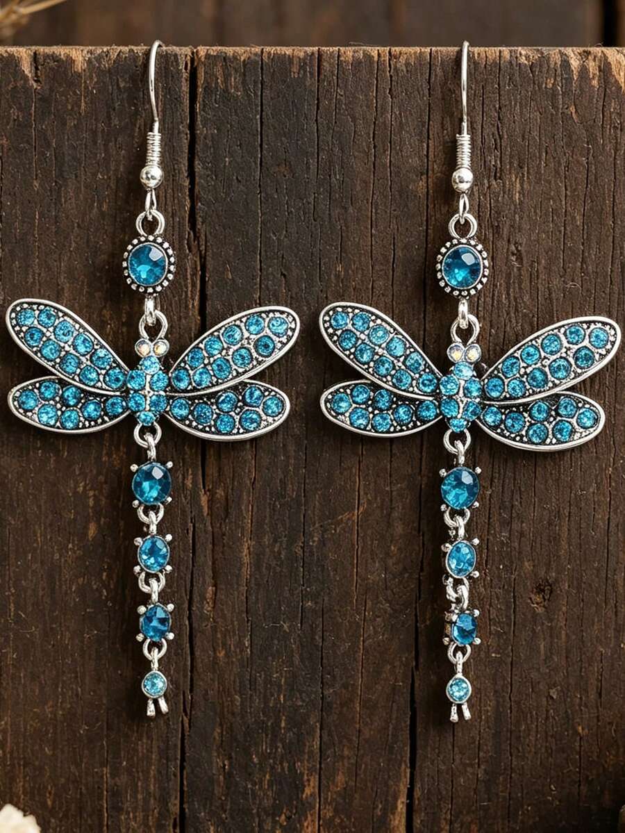 2pcs Vintage Butterfly Long Earrings, Insect Dragonfly Earrings, Unique Animal Dragonfly Pendant Earrings For Women - Blue - View 1