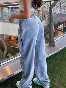 Women's Loose Casual Elastic Waist Drawstring Cargo Denim Pants Spring Fall - Light Wash - View 6