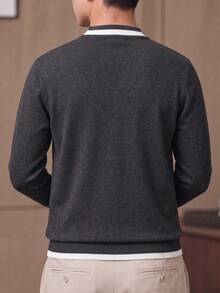 Men's Contrast Trim Ribbed Crew Neck Knit Sweater, Casual Vintage Warm Pullover - Black - View 4