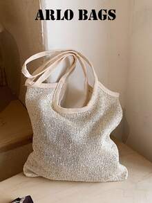 Shiny Sequin Embellished Transparent Mesh Wrap Large Capacity Open-Top Lightweight Soft Versatile Ins French Chic Shoulder Bag For Work Shopping And Dating - Beige - View 9