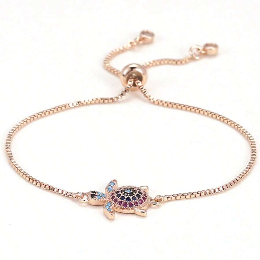 1pc Personalized Hip-Hop Versatile Colorful Zirconia Turtle Copper Cute Bracelet For Women, Suitable For Daily Wear And Festivals - Rose Gold - View 1