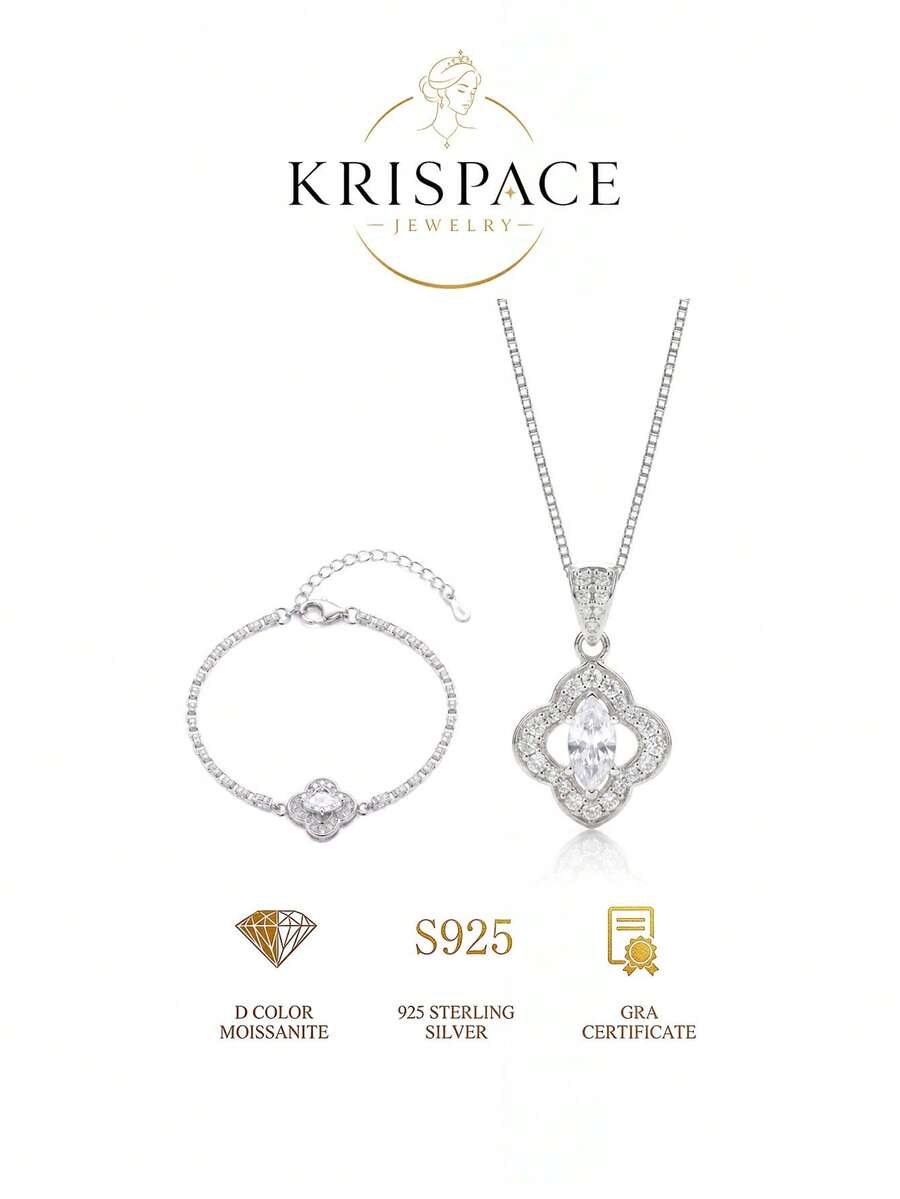 Juego de 2 piezas de joyería de mujer de plata de ley S925 con diseño de trébol, collar con colgante minimalista brillante y pulsera de tenis, adecuado para uso diario, regalo romántico - Plateado - Ver 1
