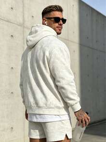 Men's Printed Drop Shoulder Long Sleeve Drawstring Pocket Casual Hoodie, Autumn/Winter, Back To School Season - White - View 5