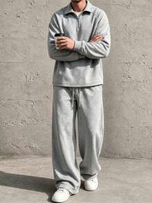 HEYKESON Men's Half-Zip Polo Collar Sweatshirt & Wide Leg Sweatpants 2 Pieces Set - Light Grey - View 4