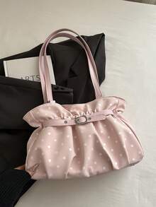 1pc Pink Large Capacity Polka Dot PU Pleated Tote Bag Women's Shoulder Bag - Pink - View 3