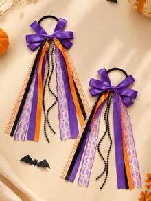 2pcs Halloween Bow Scrunchies For Kid Girls,Elegant Long-Tail Ribbon Plaid Hair Ties For Halloween Party,Day Of The Dead,Lace Headdress,Hair Accessory - Multicolor - View 4