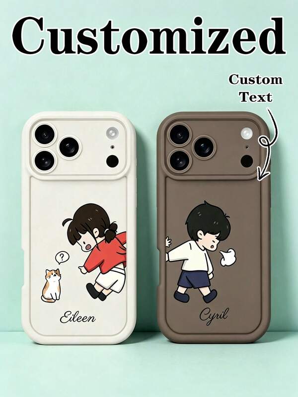 1pc Personalized Valentine's Day Cartoon Pattern White & Coffee Color Anti-Drop Full Coverage Hollow Phone Case, Compatible With Iphone 11/12/13/14/15/16 Plus/16 Pro/16 Pro Max/S26/S26 Ultra/S25/S25 Ultra/S25 Plus/S23/S24/9 Pro XL/8/9/10a And Other Phone Models, Customizable Text, Suitable For Couples, Perfect As A Gift For Boyfriend/Girlfriend