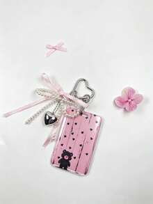 1 buah Tempat Kartu dengan Gesper Hati Pita Mutiara, Motif Beruang Hati dan Kucing Hitam Warna Pink, Casing Pelindung Keras untuk Kartu Pelajar, Kartu Makan, Kartu Akses, Kartu Bus, Gantungan Kunci, Cocok untuk Penggunaan Sehari-hari Pekerja Kantoran dan Pelajar - Rectangle - View 4
