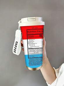 1pc/5pcs 500ml Fun Nutrition Label Theme Insulated Coffee Mug With Handle And Lid, Red White Blue Color Block Graphic Print With Vitamin Text Icons, Stainless Steel Reusable Cup, Suitable For Commute, Outdoor, Gift - Red and Blue - View 8