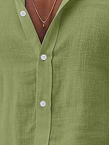 Men's Solid Color Linen Long Sleeve Button-Up Shirt, Casual Regular Fit Beach Vacation Top - Multicolor - View 3