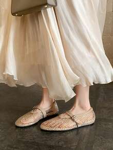 Women's Champagne Gold Mary Jane Ballet Flats, Rhinestone Plaid Mesh Upper, Round Toe, Adjustable Strap, Textured Trim - Gold - View 3