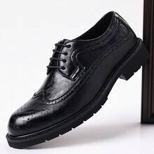 Men's Formal Brogue Lace-Up Thick Sole Derby Shoes, British Style Business Casual Versatile Commuter Shoes - Black - View 1