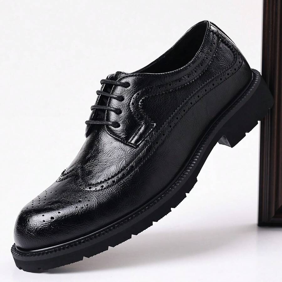 Men's Formal Brogue Lace-Up Thick Sole Derby Shoes, British Style Business Casual Versatile Commuter Shoes - Black - View 1