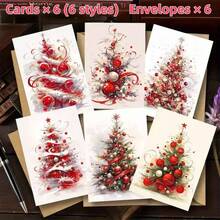 12Pcs Christmas Tree Greeting Cards With Envelopes, 6 Designs Xmas Holiday Cards For Birthday Wedding Bridal Shower Teacher Appreciation Graduation - One Size Fits All - View 1
