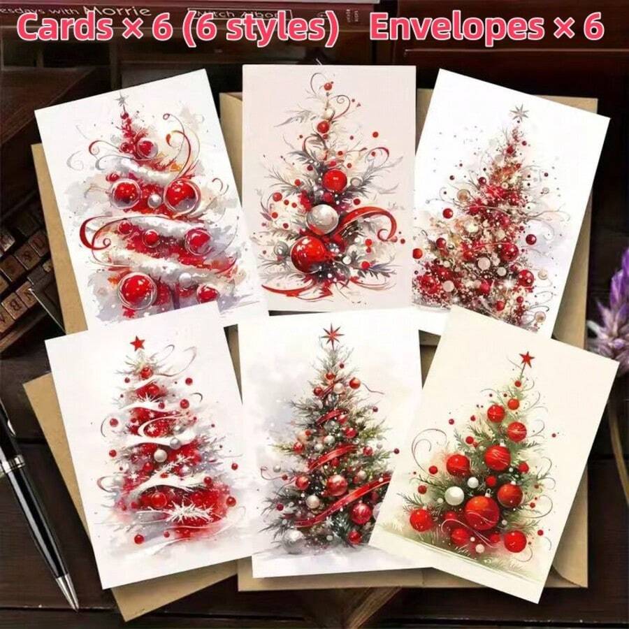 12Pcs Christmas Tree Greeting Cards With Envelopes, 6 Designs Xmas Holiday Cards For Birthday Wedding Bridal Shower Teacher Appreciation Graduation - One Size Fits All - View 1