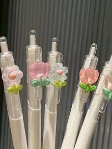 6pcs Floral Theme Neutral Pens, Student Black Ink Ballpoint Pens, Random Color Style, 0.5mm Tip Desktop Decoration, Floral Design, First Day Of School - Multicolor - View 1