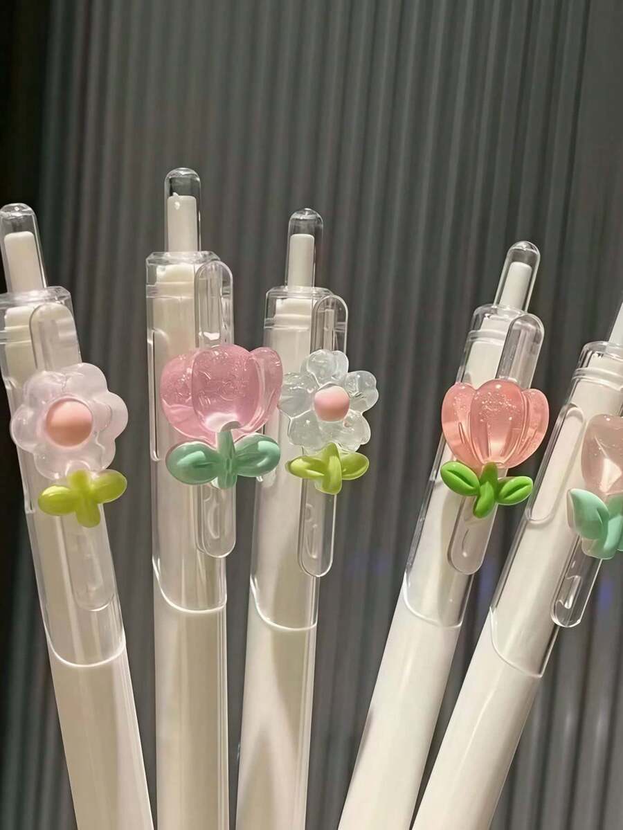 6pcs Floral Theme Neutral Pens, Student Black Ink Ballpoint Pens, Random Color Style, 0.5mm Tip Desktop Decoration, Floral Design, First Day Of School - Multicolor - View 1