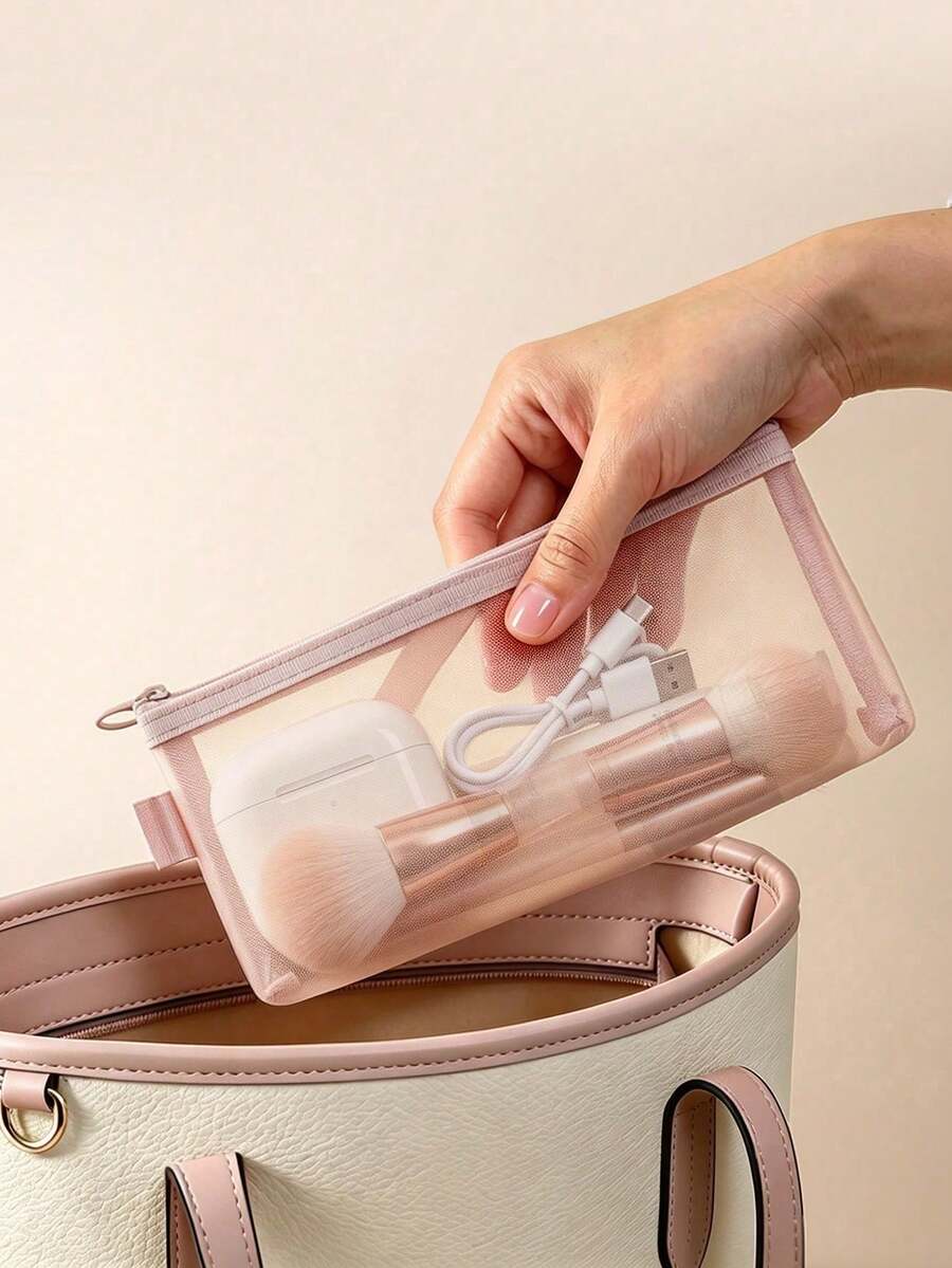 Small Mesh Makeup Bag, Portable Travel Nylon Zippered Makeup Brush Storage Bag, Stationery Pencil Case, Home School Office Accessories Storage Bag