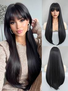 NAMM 28Inch Extra Long Straight Black Wigs For Women Elegant Nature Looking Wigs With Full Bangs,High Density Fluffy Synthetic Heat Resistant Fiber Hair,For Beginners Glueless Daliy Party Use,Suitable For All Women - 黑色 - 查看 2