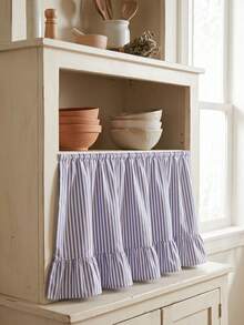 1pc Olive Green & White Fine Striped Table Skirt, Natural Fresh Style Fabric Material, Rectangular Bottom With Ruffle Hem And Pleated Details, Storage Concealment And Decorative Beautification Function, Suitable For Storage Rack Cover And Pastoral Home Decor Scenes - Blue - View 5