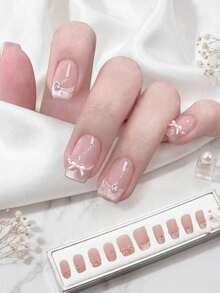 10pcs Square Short Wearable Nails, 3D Bow Pearl Rhinestone French Sweet Style, Perfect Fit Acrylic False Nails - Multicolor - View 1