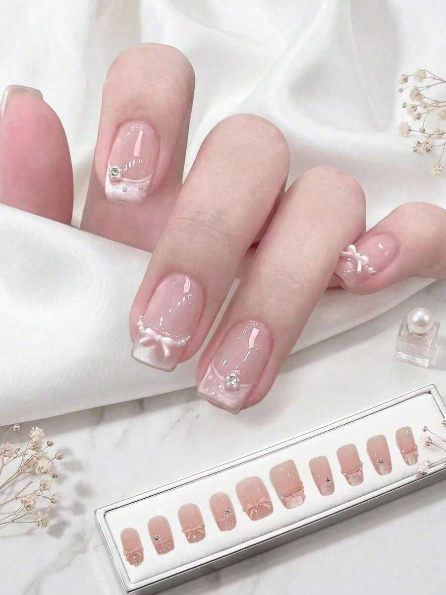 10pcs Square Short Wearable Nails, 3D Bow Pearl Rhinestone French Sweet Style, Perfect Fit Acrylic False Nails - Multicolor - View 1