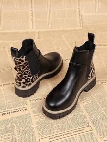 Fashion Leopard Print Patchwork Slip-On Buckle Women's Ankle Boots, Autumn/Winter New Slip-On Classic American Style Boots - Black - View 3